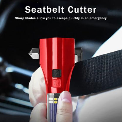 Car Glass Breaker Hammer with Flashlight, Multi-Function Rechargeable Emergency Escape tools with Window Breaker and Seatbelt Cutters,Bright Solar Torch， RescueAlarm Rescue, Strobe SOS Beacon - color: Red Metallic