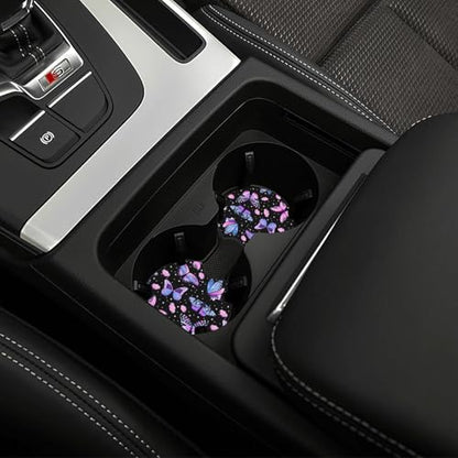 Purple Butterfly Steering Wheel Cover - Beauty Butterfly Wheel Cover Anti-Slip Breathable Universal for 15 Inch Car Steering Wheel Cover with 2 Pieces Car Coasters Suitable for Men Women - color: Purple Butterfly1