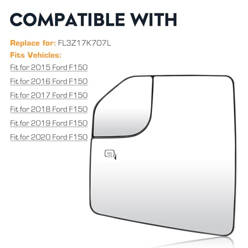 Driver Left Side Heated Blind Spot Mirror Glass Fit for 2015-2020 Ford F-150, 2.7L 3.0L 3.3L 3.5L 5.0L, Side View Mirror Glass, Replacement for FL3Z17K707L - size: Driver Side(Left)