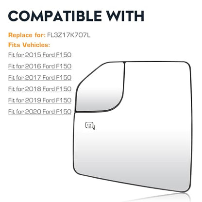 Driver Left Side Heated Blind Spot Mirror Glass Fit for 2015-2020 Ford F-150, 2.7L 3.0L 3.3L 3.5L 5.0L, Side View Mirror Glass, Replacement for FL3Z17K707L - size: Driver Side(Left)