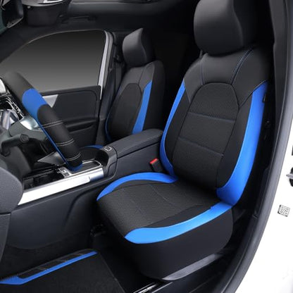 CAR PASS Air Mesh Leather Car Seat Covers Full Set, Waterproof Car Floor Mats, Sporty Steering Wheel Cover 14.5-15in, Universal Fits for 95% Cars Truck SUV (Black and Blue) - color: Blue