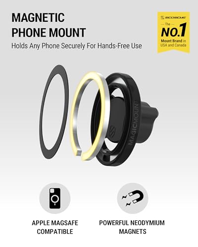 Scosche MagicMount MS 5-in-1 MagSafe Phone Mount for Car Vent, Dashboard and Back of Display for Floating Screens, Hands Free Magnetic Cell Phone Holder Compatible with iPhone 17 16 15 14 13 12