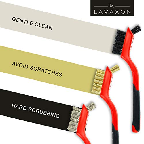 Lavaxon Wire Brush Set 3Pcs - Nylon/Brass/Stainless Steel Bristles with Curved Handle Grip for Rust, Dirt & Paint Scrubbing with Deep Cleaning – 7 Inches (Red) - color: Red