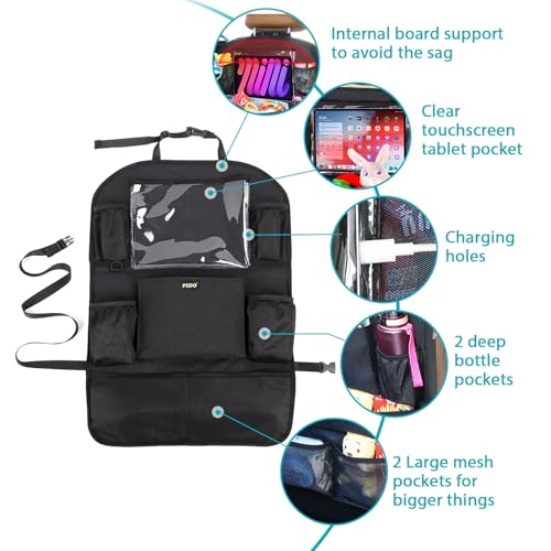 PIDO Car Seat Organizer for Backseat, Back Seat Organizer for Kids with Touch Screen Tablet Holder and 8 Pockets, Car Travel Accessories, Road Trip Essentials for Kids, 2 Pack