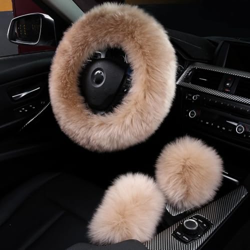 3Pcs Set Fashion Fluffy Fuzzy Wool Fur Soft Car Steering Wheel Cover with Handbrake Cover & Gear Shift Cover for Women/Girls/Ladies Auto Long Wool Accessories - color: Champagne, size: Long Wool