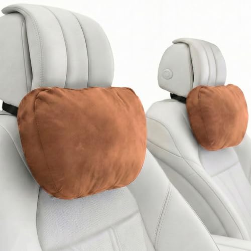 2PCS Car Pillow for Car Neck Pillow for Driving Seat Neck Support Soft Cushion Back Support Head-Rests for Vehicle Sleeping with Elastic Adjustment Strap (Brown, Head) - color: Brown, size: Head