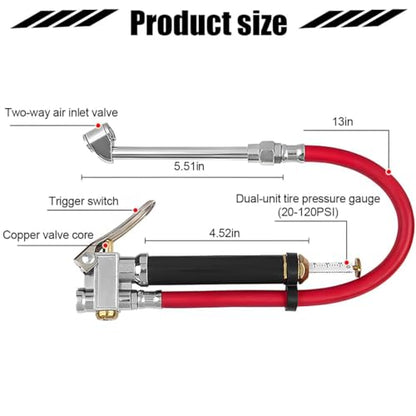 Heavy Duty Bayonet Style Tire Inflator with Air Chuck, 0-200PSI 17PCS Auto Tire Pressure Gauge with 4 Way Tool & Valve Core, Air Compressor Accessories, Universal for Sedan Truck SUV