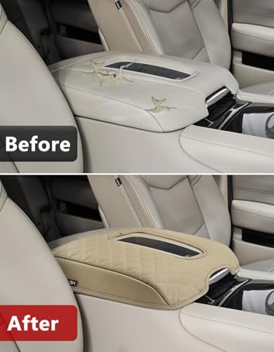 KBH Center Console Armrest Cover for Cadillac Escalade 2015 2016 2017 2018 2019 2020, Vinyl Leather Trim, Middle Console Arm Rest Lid Cushion Pad, Anti-Scratch, Beige - color: Beige, size: Cadillac Escalade 2015-2020