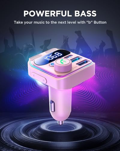JOYROOM Bluetooth 6.0 Car Adapter FM Transmitter 81W Fast Charging Cigarette Lighter Hands-Free Calling Support USB Drive, Pink - color: Pink