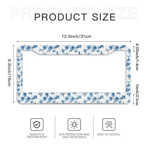 Flowers Blue License Plate Frame 2pc Flowers Cute License Plate Frame Flower Steering Wheel Cover Steering Wheel Cover Cars Aluminum with Fits Standard Us Ca Vehicles - color: flowers Blue