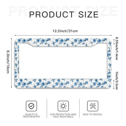 Flowers Blue License Plate Frame 2pc Flowers Cute License Plate Frame Flower Steering Wheel Cover Steering Wheel Cover Cars Aluminum with Fits Standard Us Ca Vehicles - color: flowers Blue