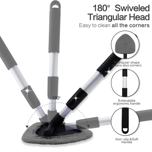 Windshield Cleaner Tool 22.5" L - Car Interior&Exterior Window Cleaning Kit with Extendable Handle&4 Microfiber Pads and Thick Large Wash Sponge, Auto Glass Wiper Brush Kit for Cars Home (7pcs Grey) - color: Grey