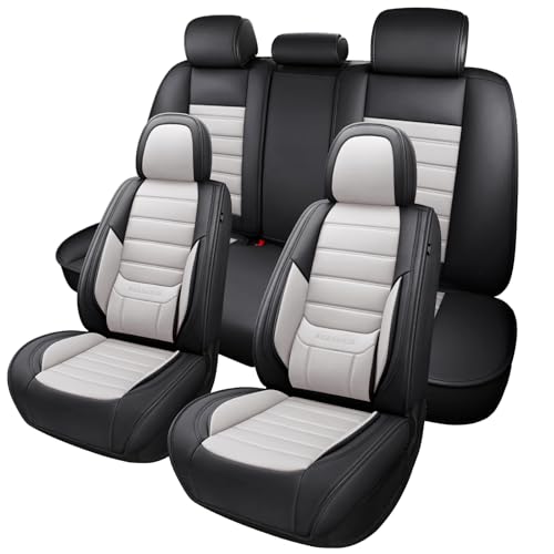 MINGBRON Car Seat Covers Full Set,Black White Car Seat Cover, Car Seat Protector Waterproof, Nappa Leather Car Seat Cushion, Fit for Most Cars - color: Black White, size: Full Set