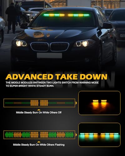 HLauto 604N Emergency Dash Strobe Lights: 2x16.8 inch Green Amber Security Light w/Take Down, 48 LED Safety Flashing Warning Hazard Interior Windshield Light Bar for Trucks Vehicles - color: #03 Amber / Green