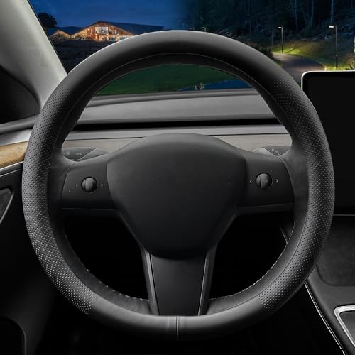 LKWLIKEI Nappa Leather Ultra-Thin Steering Wheel Cover, for Tesla Model 3/Y Steering Wheel Cover, Non-Slip Design and Interior Modification of car Accessories (Black) - color: Black2