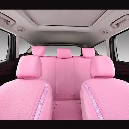 CAR PASS Bling Diamond Car Seat Covers Full Set, Shining Rhinestone Waterproof Faux Leather, Rear with Zipper, Universal Fit Automotive Glitter Crystal Sparkle Strips for Cute Women Girl, Pink - color: Pink Leather, size: Full Set