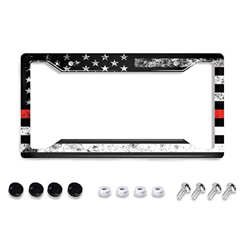Personalized License Plate Frame Stainless Steels Red line Flag Firefighters License Plate Car Tag Holder with 4 Holes and Screws for Women Men Auto for USA Canada Vehicles Standard(12"x6") - color: Red line flag firefighters