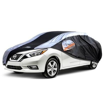 Versa Car Cover Waterproof All Weather with Silver Strip Design, Custom Fit for Versa 20012–2025, Versa Accessory with Door Zipper & Windproof Straps - size: Custom Fit Nissan Versa