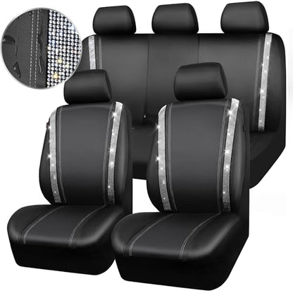 CAR PASS Bling Diamond Car Seat Covers Full Set, Shining Rhinestone Waterproof Faux Leather, Rear with Zipper, Universal Fit Automotive Glitter Crystal Sparkle Strips for Cute Women Girl, Silver - color: Black Diamond And Silver, size: Full Set