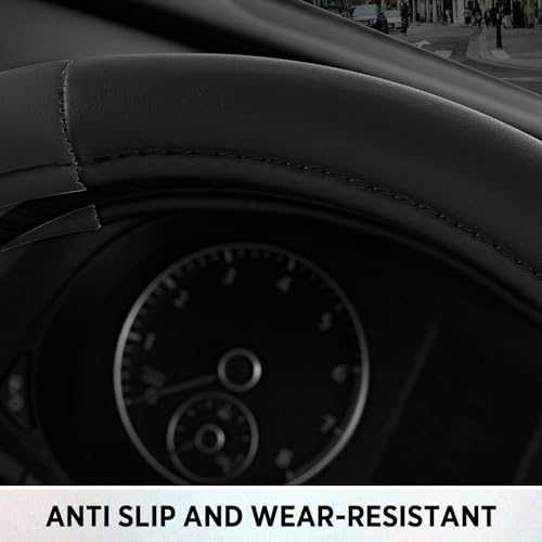 Road Comfort Leather Steering Wheel Cover – Premium Anti-Slip Car Steering Wheel Grip Cover – Universal Fit for 14.5”–15” Cars, Trucks & SUVs - Black - color: Black