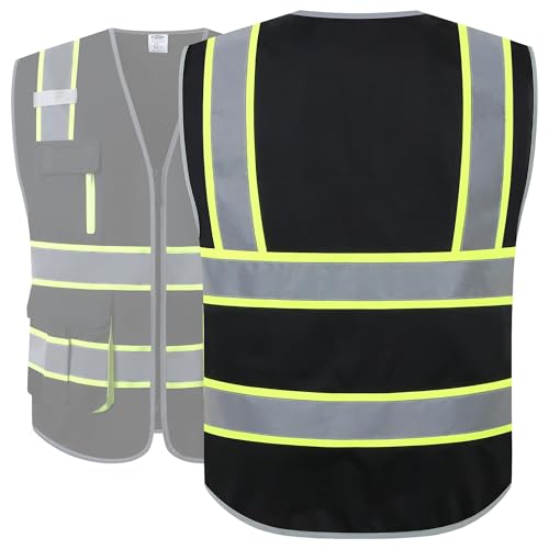 JKSafety 7 Pockets High Visibility Black Safety Vest for Men and Women Zipper Front with Hi-Vis Reflective Strips Meets ANSI/ISEA Standards (130-Black, Medium) - color: Black-sf07, size: Medium