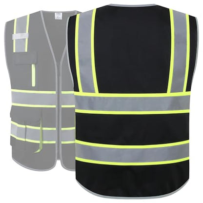 JKSafety 7 Pockets High Visibility Black Safety Vest for Men and Women Zipper Front with Hi-Vis Reflective Strips Meets ANSI/ISEA Standards(130-Black, X-Large) - color: Black-sf07, size: X-Large