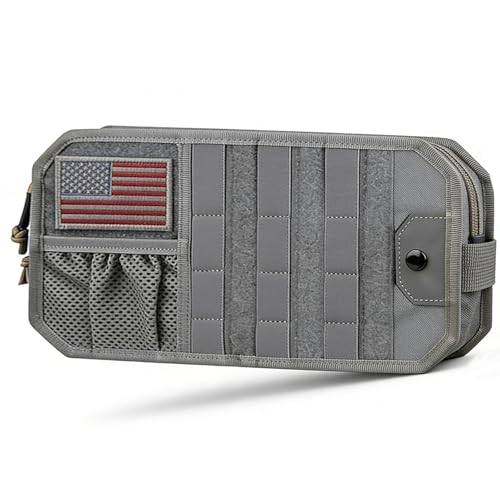 Molle Car Sun Visor Organizer,Car Accessories with Zipper Visor Storage Pouch&Glasses Clip&Adjustable Straps, Semi-Rigid Molle Panel for Tactical Gears, Fits Most Vehicles, SUVs (Grey) - color: Grey