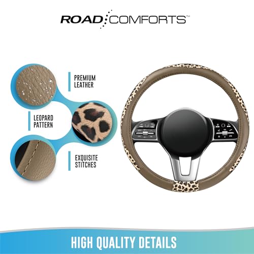 Road Comforts Steering Wheel Cover - Made with PVC Leather and Leopard Fabric - Universal 14 1/2 inches to 15 inches for Most Automotive Steering Wheel - Cheetah Print -Beige - color: Round-Beige