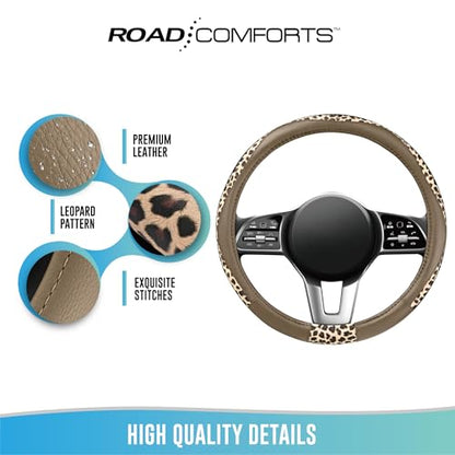Road Comforts Steering Wheel Cover - Made with PVC Leather and Leopard Fabric - Universal 14 1/2 inches to 15 inches for Most Automotive Steering Wheel - Cheetah Print -Beige - color: Round-Beige
