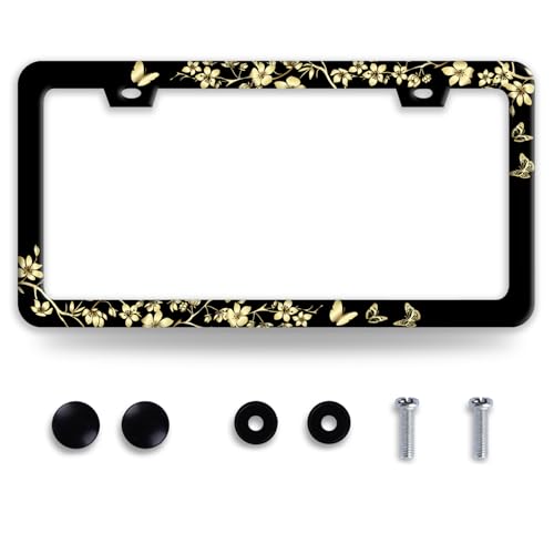 Gold Cherry Blossom Butterfly License Plate Frame Beautiful License Plate Frames Funny Stainless Steel Accessories Cars Decor with 2 Holes and Screws Fits Standard Us Ca Vehicles Holder 12.2 X 6 Inch - color: Gold Cherry Blossom Butterfly