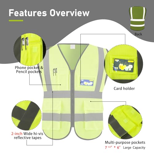 High Visibility Vest Safety Vest with Pockets and Zipper Meets ANSI/ISEA Standard(1 Pack 5 Pack) - color: Yellow-mesh, size: XX-Large