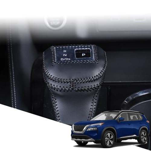 Great-luck Genuine Leather Automatic at Gear Shift Knob Cover Protector Trim,the car Interior Accessories(Black Stitches) for Nissan Rogue(2021 2022 2023 2024 2025) - color: Black Stitches, size: Rogue(2021-2025)
