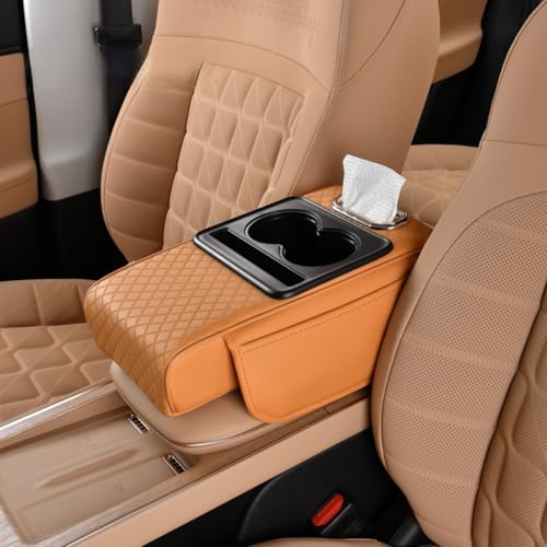Car Center Console Pad Leather Armrest Pad w/Cup Holder, Tissue Box Slot, Side Bag, Phone Slot for Car Sedans (Embossed, Orange) - color: Orange, style: Embossed