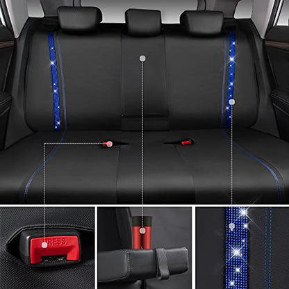 CAR PASS Bling Diamond Car Seat Covers Full Set, Shining Rhinestone Waterproof Faux Leather, Rear with Zipper, Universal Fit Automotive Glitter Crystal Sparkle Strips for Cute Women Girl, Blue - color: Blue Diamond, size: Full Set