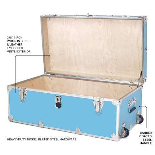 Rhino Trunk & Case Large Essential Trunk With Wheels 32”x18”x14”, 1000+ lbs Capacity - Many Colors. Strong, USA Made Summer Camp Footlocker, and Secure College Dorm Storage Chest - color: Sky Blue