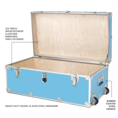 Rhino Trunk & Case Large Essential Trunk With Wheels 32”x18”x14”, 1000+ lbs Capacity - Many Colors. Strong, USA Made Summer Camp Footlocker, and Secure College Dorm Storage Chest - color: Sky Blue