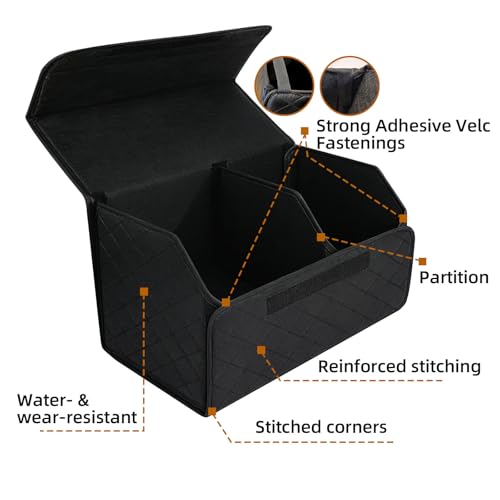 Leather Trunk Organizer for SUV & Sedans - Extra Large Foldable Car Storage Box with Lid, Adjustable Removable Dividers and Carry Handle, Collapsible Auto Cargo Organizer Black