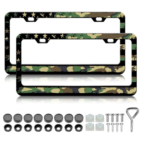 HCSS Camouflage American Flag License Plate Frames - 2 Pack Personalized License Plate Holder, Stainless Steel Rust-Proof Waterproof Car Decorative Tag Frame for Standard US 12x6 Inch - color: Camouflage American Flag