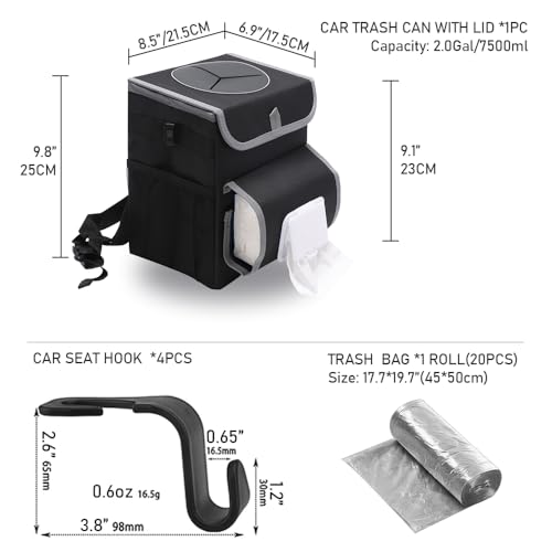 upra Car Trash Can with Lid Leakproof,Bag Hanging Storage Pockets,Adjustable Tissue Holder & Straps Garbage Bin, Portable Auto Trash Bag Holder for Road Trip, Kids, Dog Owners - color: HOOK