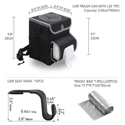 upra Car Trash Can with Lid Leakproof,Bag Hanging Storage Pockets,Adjustable Tissue Holder & Straps Garbage Bin, Portable Auto Trash Bag Holder for Road Trip, Kids, Dog Owners - color: HOOK