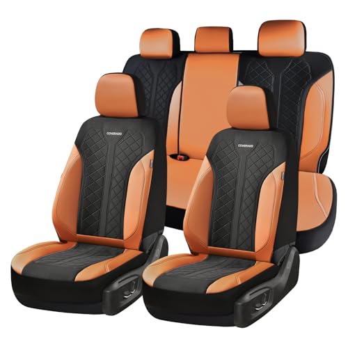 Coverado Seat Covers Full Set, Brown Car Seat Covers, PU Leather & Breathable Mesh Seat Protectors, 5-Piece Automotive Seat Covers, Universal Fit for SUVs, Trucks, Sedans - color: A-Brown&Black, size: FullSet