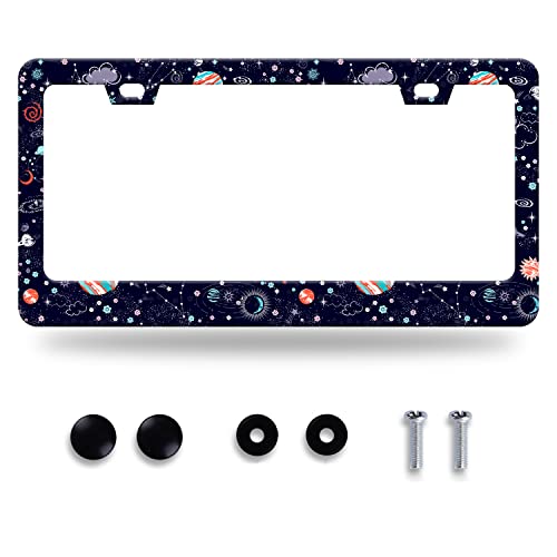 Space Galaxy License Plate Frame Colorful Starry Sky Stars License Plate Stainless Steel Auto Parts Funny License Plate Decorative with Screws Size 12.3" x 6.3" for Men Women - color: Funny Space Galaxy