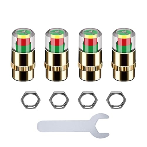 4-Pack Car Tire Pressure Monitoring Valve Caps with Tri-Color Warning System, 2.4Bar/36psi Tire Pressure Detector, Fits Most Vehicle Models, Includes 4 Screws + Wrench (Gold) - color: Gold