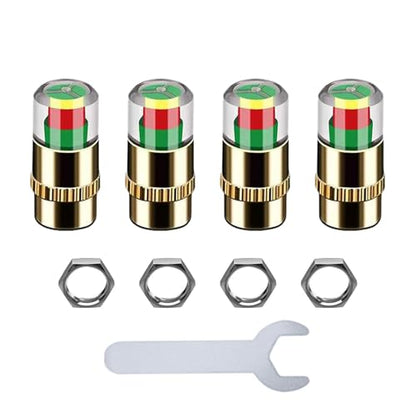 4-Pack Car Tire Pressure Monitoring Valve Caps with Tri-Color Warning System, 2.4Bar/36psi Tire Pressure Detector, Fits Most Vehicle Models, Includes 4 Screws + Wrench (Gold) - color: Gold