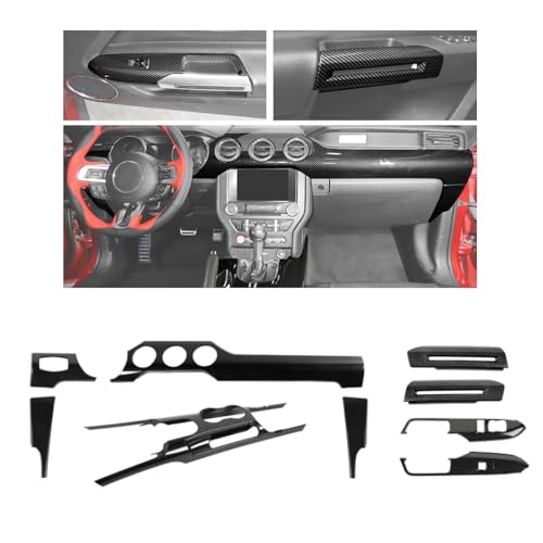 JWWY Carbon Fiber Interior Trim Kit for 2015–2023 Ford Mustang, Center Console Gear Shift Panel Window Lift Switch Door Handle Cover Interior Accessories 9PCS
