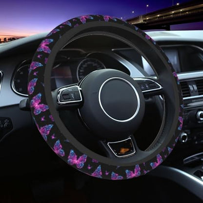 Purple Butterfly Steering Wheel Cover Elastic Non-Slip Car Steering Wheel Covers with Seat Belt Shoulder Pad For Women Men - color: Butterfly