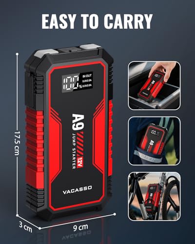 Jump Starter 4000A, VACASSO A9 Battery Jumper Starter Portable (7L Gas/4L Diesel), 12V Car Battery Booster Jump Starters Pack, Jumpstart with USB Ports, Jumper Cables, LED Light, Storage Case - color: Red