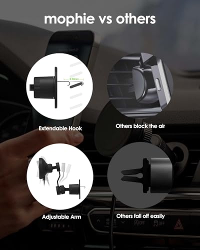 Mophie Qi2 snap+ Magnetic Wireless Charging Vent Mount - Fast 15W Qi-Enabled Charger for iPhone 17/16/15/14/13/12, Universal Car Compatibility, 30W Car Charger Adapter Included, USB-C, Black
