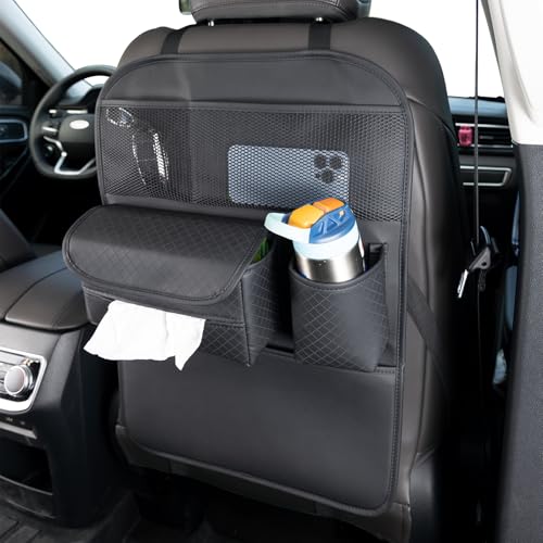 PU Leather Car Seat Back Organizer with Kick Mat Protectors, Tissue Box Storage, Cup Holder, Phone Holder for Road Trips. (Black)