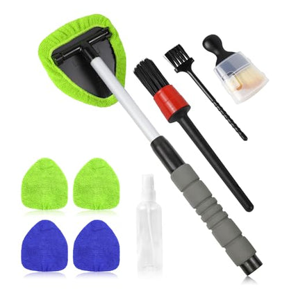Wuyaoyao 14PCS Car Windshield Cleaning Tool, Car Glass Wiper Kit with Window Cleaner, Microfiber Pads, Spray Bottle, Extendable Handle, Interior Detailing Dust Brush, Car Cleaning Supplie (Blue+Green) - color: Blue+Green